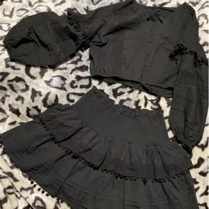 NWT House of Harlow 1960 Boho Black Statement Sleeves Skirt Set